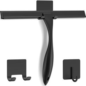 All-Purpose Stainless Steel Shower Squeegee for Shower Doors with 2 Adhesive Hooks, Bathroom Cleaner Tool Household Window Mirror Squeegee for Home Cleaning, Glass Door, Tile Wall, Car, 10 Inch Black (10-Inch, Black)