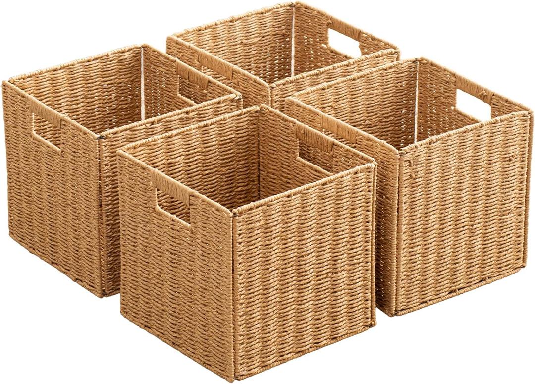 Foldable Storage Baskets with Handles Paper Rope Storage Baskets Rectangle Collapsible Hand Woven Storage Cubes Bins for Organizing Shelves Living Room Bedroom Pantry (4, 11'' x 11'' x 11'') (Natural)