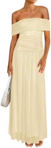 MASCOMODA Women Off The Shoulder Mesh Maxi Dress Bodycon Ruched Formal Sleeveless Pleated Cocktail Wedding Guest Long Dresses S, Light Apricot