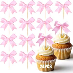 24Pcs Pink Bow Cupcake Toppers - Pink Bow Cake Topper Birthday Decorations, Bowknot Cupcake Picks for Coquette Bow Theme Party Decoration Bachelorette Bridal Engagement Wedding Baby Shower Party Decor