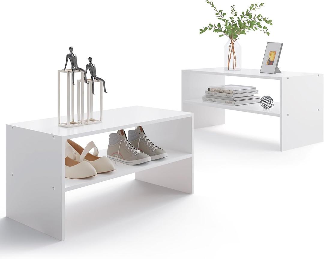 2-Tier Stackable White Shoe Rack, Wooden 2-Shelf Shoe Organizer Freestanding Shoe Storage Stand for 6-9 Pairs, Perfect for Closet, Entryway, Office Use - White(Pack of 2), 24"