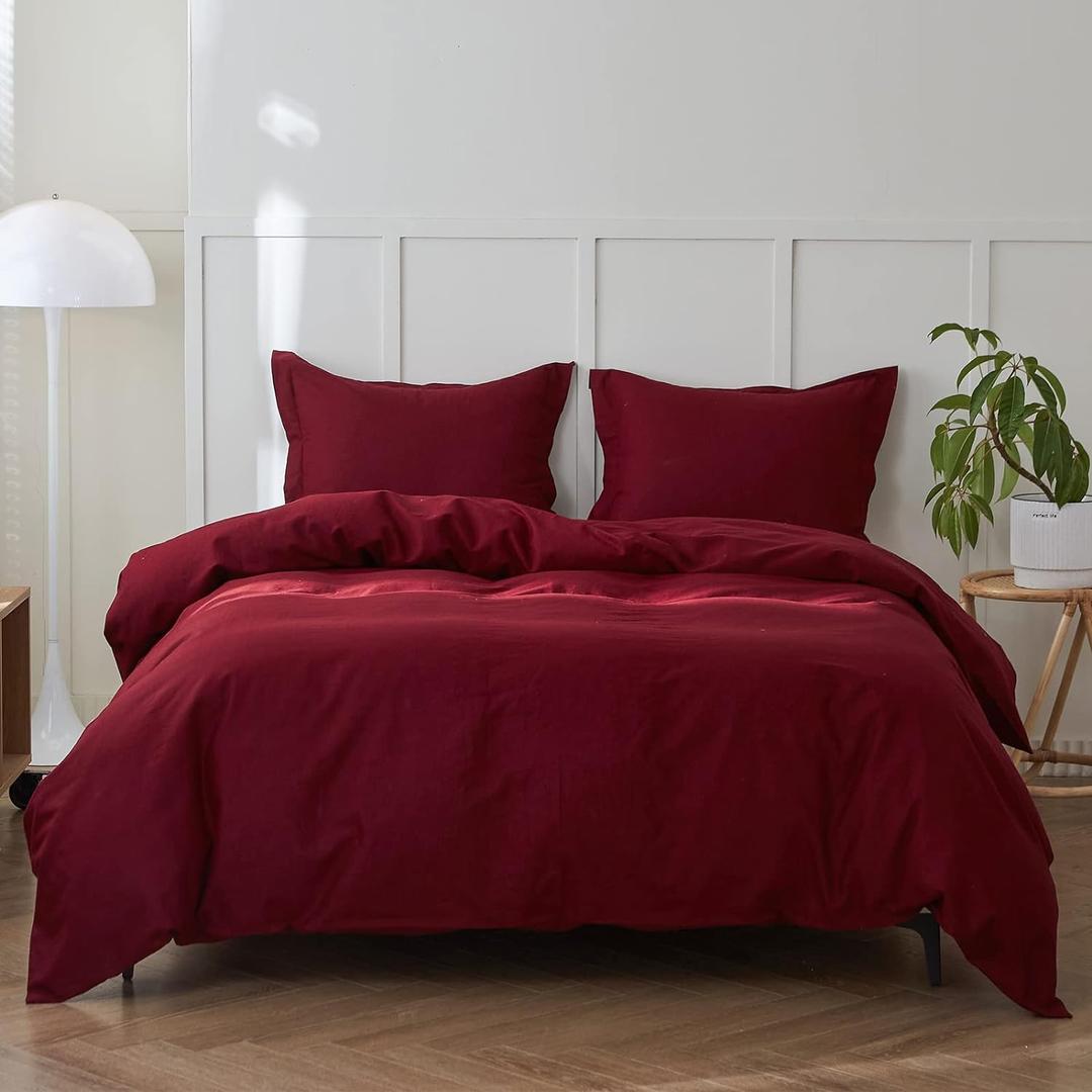 Simple&Opulence French Linen Duvet Cover Set 88" x 92"- 3 Pieces (1 Comforter Cover,2 Pillowcases)- Natural Flax Cotton Blend-Solid Color Breathable Farmhouse Bedding-Burgundy, Queen