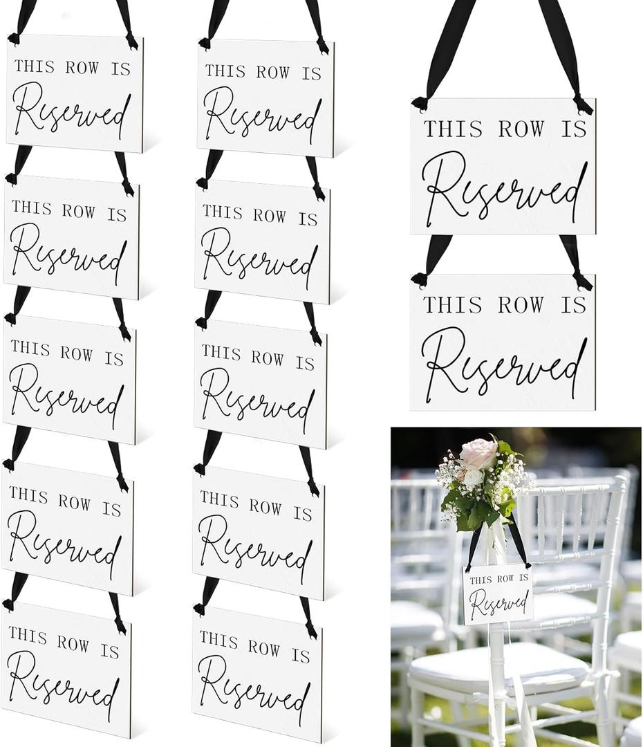 Yousoontic 12 Pack Wooden Reserved Row Sign for Wedding Chairs This Row Is Reserved Hanging Signs with Ribbon for Wedding Reception Party Restaurant Church Events Pews, 5 x 7''(Black,Elegant)