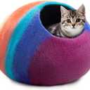 Woolygon Premium Felt Cat Cave Bed  Wool Kitty Beds Handcrafted Kitten Caves Bed for Indoor Cats - Made from 100% Eco-Friendly Merino Wool, Foldable Cat Hidewawy Covered Cat House Pod (Rainbow Twist) (Medium)