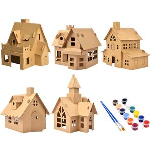 NUOBESTY 5PCS Unfinished Christmas House with Paint Set Art and Craft House for Kids DIY Crafts Woodworking Building Project for Children to Build& Paint