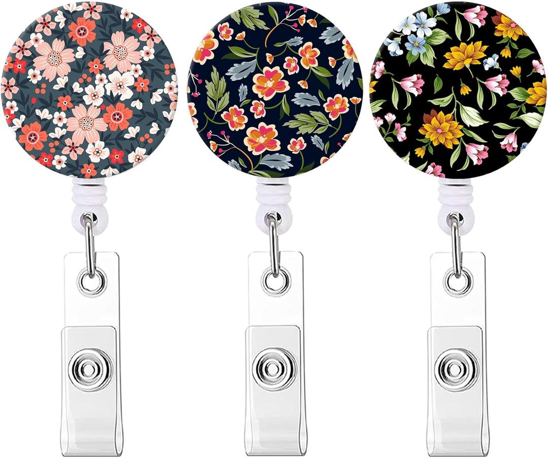 Badge Reel Retractable Nurse Badge Holder Cute Name Decorative Badge Reels with Clip on ID Card Holders (3 Pack Flowers B)