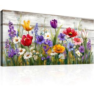 JLXART Wildflower Canvas Wall Art Vibrant Tulip Daisy Print on Distressed Wood Background Rustic Farmhouse Floral Wall Decor for Living Room Bedroom Kitchen Ready to Hang 20x40inch