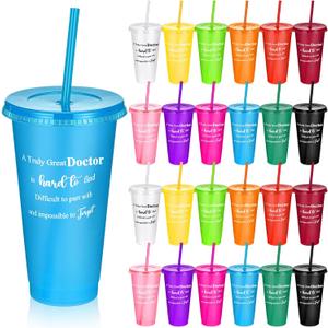 Skylety 24 Set Doctor Appreciation Gift 24 oz Thank You Party Gift Supplies Tumbler Plastic Coffee Cups with Straws and Lids for Birthday Coworker Graduation Party Favor