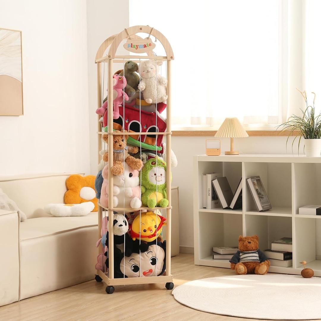 Large Stuffed Animal Storage Organizer, 61" High Premium Wooden Cute Zoo Toy Holder for Toddler Rooms, Playrooms & Bedrooms