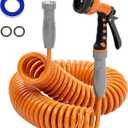 3/8 Lightweight Coil Garden Hose 75 FT, EVA Retractable Curly Water Pipe with 6-Pattern Spray Nozzle for Boat, Greenhouse, Yard, Patio (Orange)