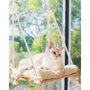 Cat Window Perch - Hammock Bed for Cats Inside - Solid Wood Seat, 4 Strong Suction Cups, Soft Cushion - Rustic Indoor Pet Shelf