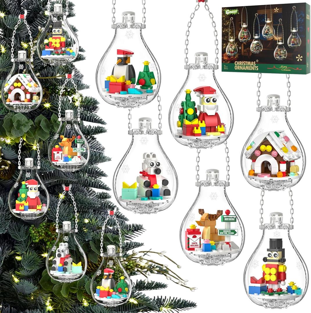 2025 Light-Up Christmas Ornament Building Kit  647 PCS Holiday Building Blocks Set for Kids and Adults, Featuring Gingerbread House, Santa, Reindeer, Polar Bear, Nutcracker Soldier & Penguin (Green)