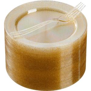 Goodluck 120PCS 7" Gold Glitter Dessert Plastic Plates with 7.4" Forks, Gold Appetizer Plates for 60 Guests, Including 60 Disposable Cake Plastic Plates and 60 Forks for Wedding/Birthday Party