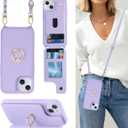 Lipvina for iPhone 15 Plus Case with Card Holder and Strap for Women,Crossbody Lanyard,RFID Blocking,Stand Ring Kickstand,Snap Clasp,Phone Wallet Cases 6.7 inch(Purple)