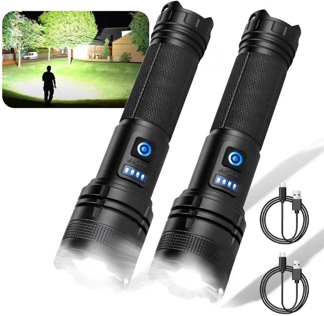 THY TRY Rechargeable LED Flashlight 2-Pack, 90000 High Lumens Super Bright Handheld Flashlights, 5 Modes & Adjustable Focus, High Powered Handheld Flashlight for Home Camping Outdoor Night Work