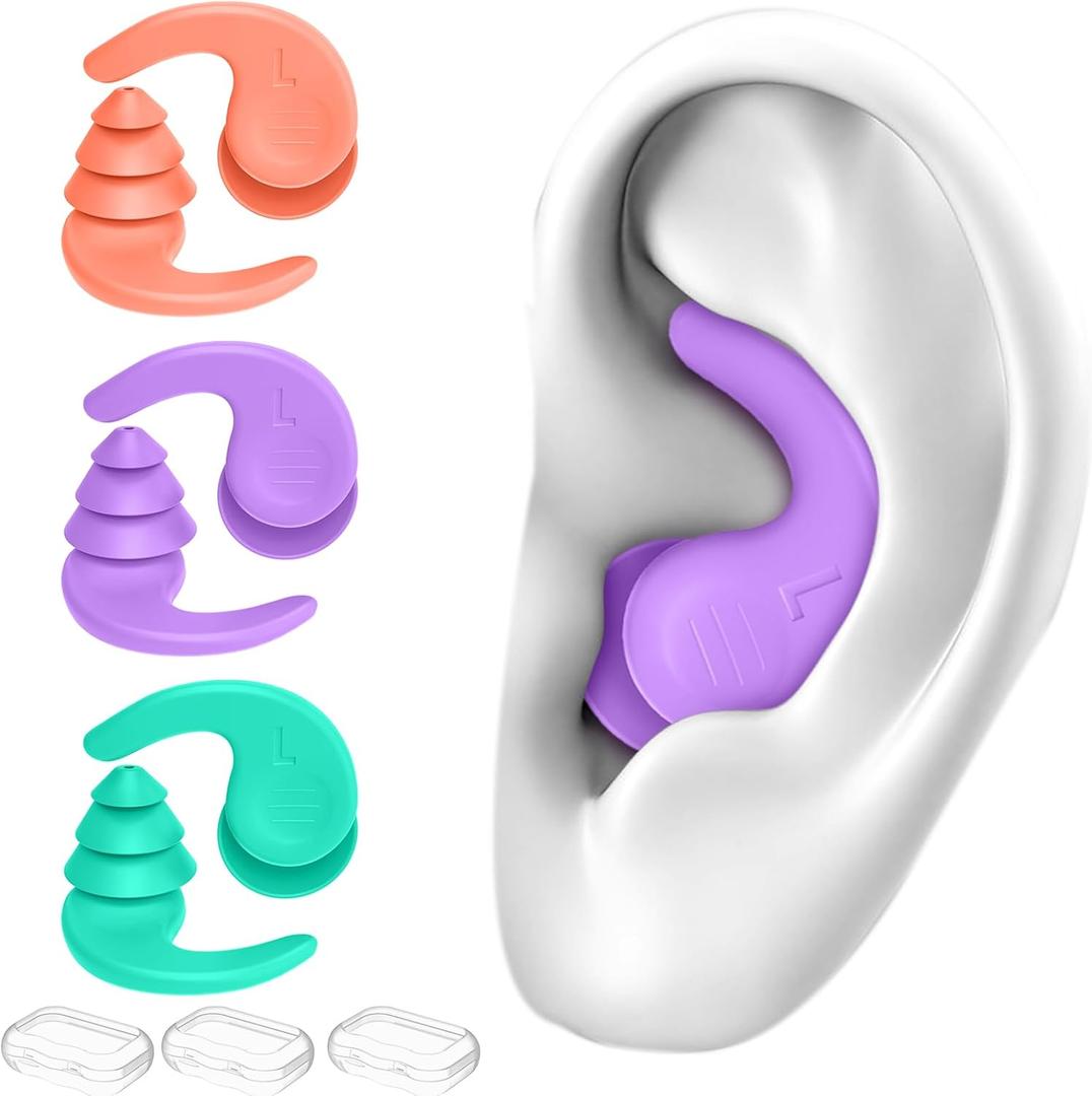 Swimming Ear Plugs for Adults,3 Pairs Waterproof Reusable Silicone Swim Earplugs for Swimming Surfing Snorkeling Showering and Water Pool,Beach,Ocean (Adults & Teens 14+) (Multicolored 2)