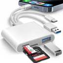 SD Card Reader for iPhone iPad Mac Trail Game Camera Viewer Built-in 3-in-1 Connector (Lightening, USB-C and USB-A) with SD MicroSD USB-A 3 Slots, Portable No App Required Plug & Play - White