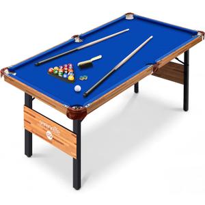 SereneLife 4.5ft Folding Pool Table, 55in Portable Foldable Billiards Game Table for Kids and Adults with Accessories, Indoor and Outdoor Games with Sticks, Cue, Balls and Triangle, Blue