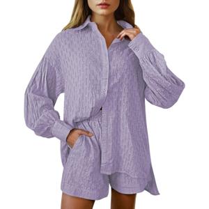 Women's 2 Piece Outfits Oversized Long Puff Sleeve Blouse Shirt High Waisted Side Pocket Shorts Set (Purple)