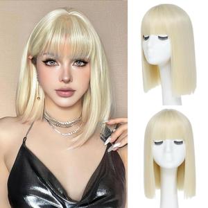 Blonde Bob Wig With Bangs - Heat Resistant 14Inch Synthetic Hair, Short Straight Shoulder Length Natural-Looking Cosplay Wig for Daily Use, Parties & Women Girls