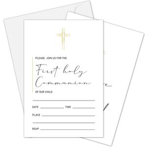 4 x First Holy Communion Invitation Card, Gold Foil Baptism Invitations For Boys Girls, Christening Fill In Invites, Religious Celebration Decorations Baby Shower Supplies, 06