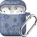 Lerobo Flower Engraved Case for AirPods Case Cover, Stylish Soft Silicone Protector with Keychain, Compatible with Apple AirPods 1st/2nd Generation Charging Case, Front LED Visible, Blue Gray
