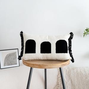 Black White Boho Fringe Tasseled Pillow Cover, Neutral Decorative Rectangular Throw Pillow Case, Geometric Modern Sham for Bed Couch Living Room, 12x20 inches, 1PCS