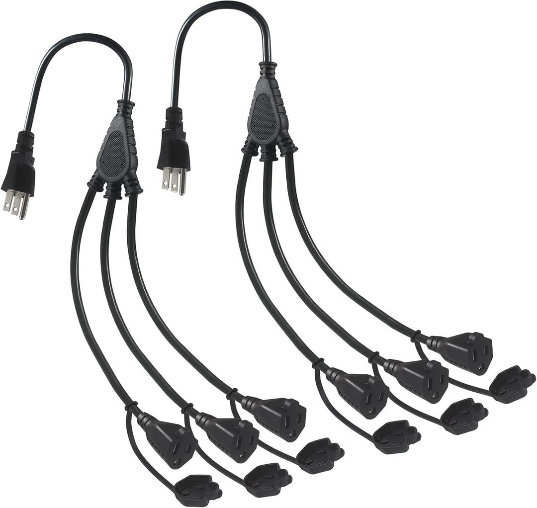 KUNCAN 3-Outlet Power Splitter Cord, 1 to 3 Way Outlet Indoor & Outdoor Use Weatherproof SJTW 16AWG 3 Prong Grounded Extension Cord with Multiple Outlets for Landscape String Lights (1.5FT 2-Pack)