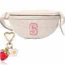 Initial Fanny Pack for Women Fashion Beige Leather Belt Bag Crossbody Waist Purse Cross Body Bumbag with Cute Strawberry Keychain Charm Gift(Beige Belt Bag for S)