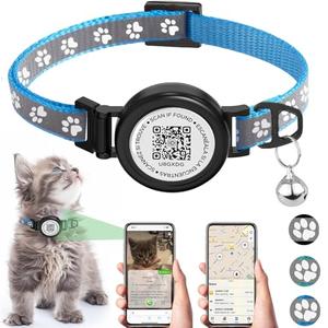 Waterproof Airtag Cat Collar with QR TAG & Reflective, Footprints Pattern, Lightweight Kitten Collar for Apple AirTag, Hidden GPS Tracker Holder for Cats, Kittens (Blue)(7-12")