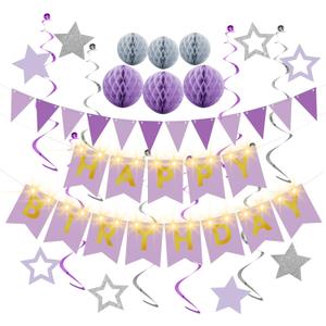 Birthday Decorations,Purple Happy Birthday Banner with Fairy lights,Pennant Banner,Honeycomb Balls and Star Hanging Swirls Streamer Happy Birthday Party Decorations for Women Men Boys Girls