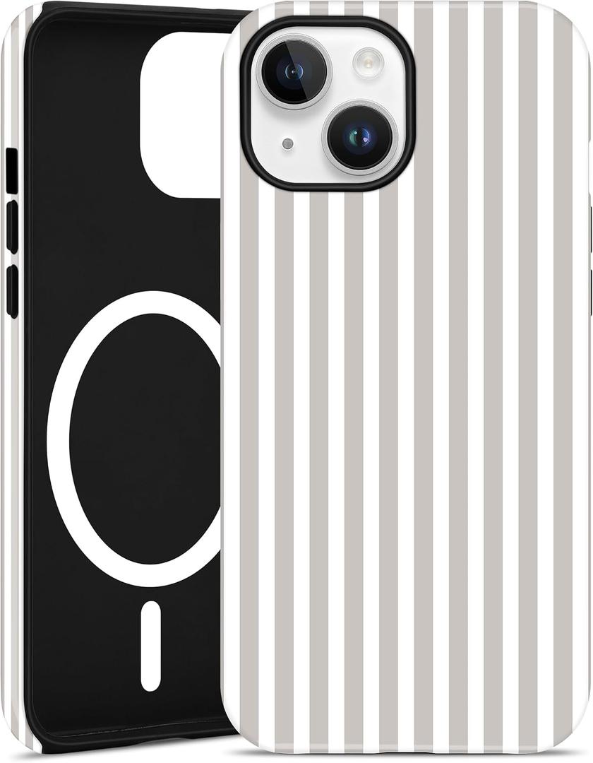 Jusy Compatible with MagSafe Striped Phone Case for iPhone 13/14, Cute Aesthetic Magnetic Soft TPU and Hard PC Protective Phone Cover for Women GirlsMatte - Antique White