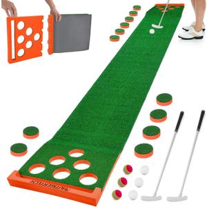 Golf Putting Green Mat with Auto Ball Return, Crystal Velvet Mat and Solid Wood Base, Mini Golf Game Practice Equipment Training Mat for Home Office Indoor Outdoor Use (Orange)