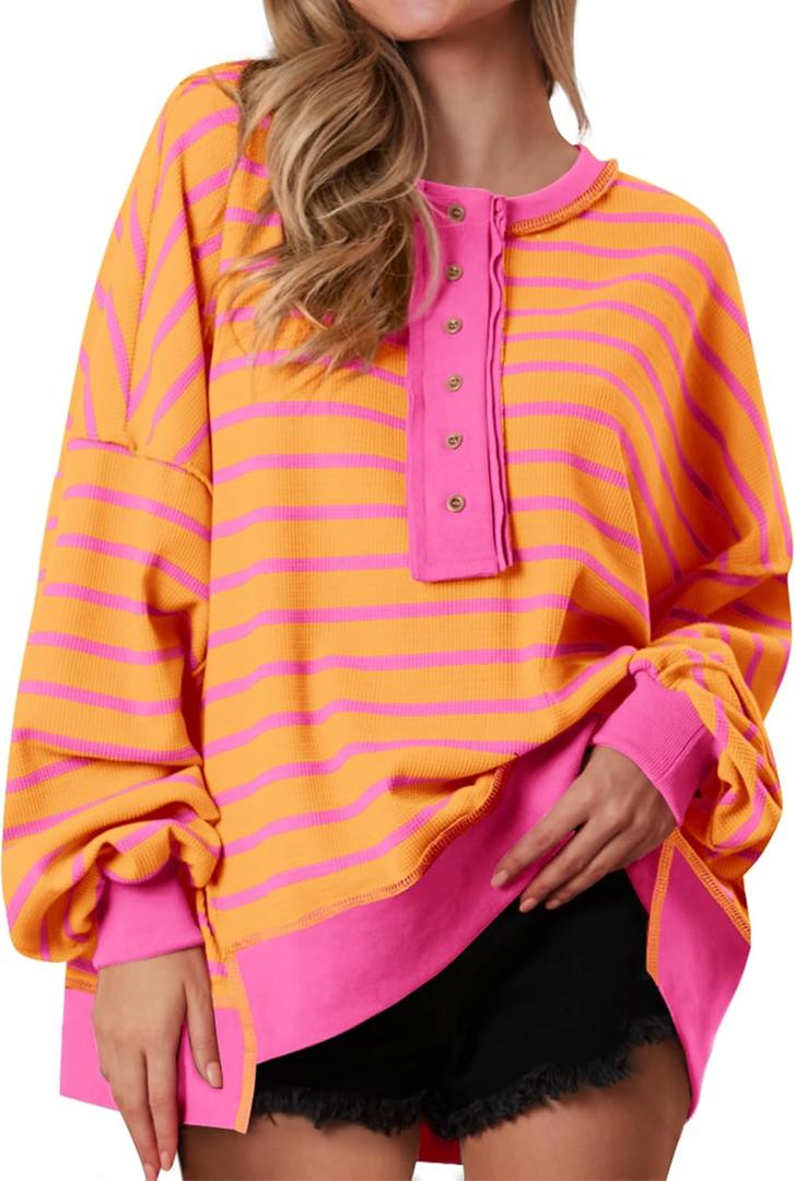 PRETTYGARDEN Womens Fall 2026 Striped Oversized Sweatshirt Long Sleeve Button Up Henley Neck Waffle Knit Pullover Tunic Tops (Large, Striped Yellow Pink)