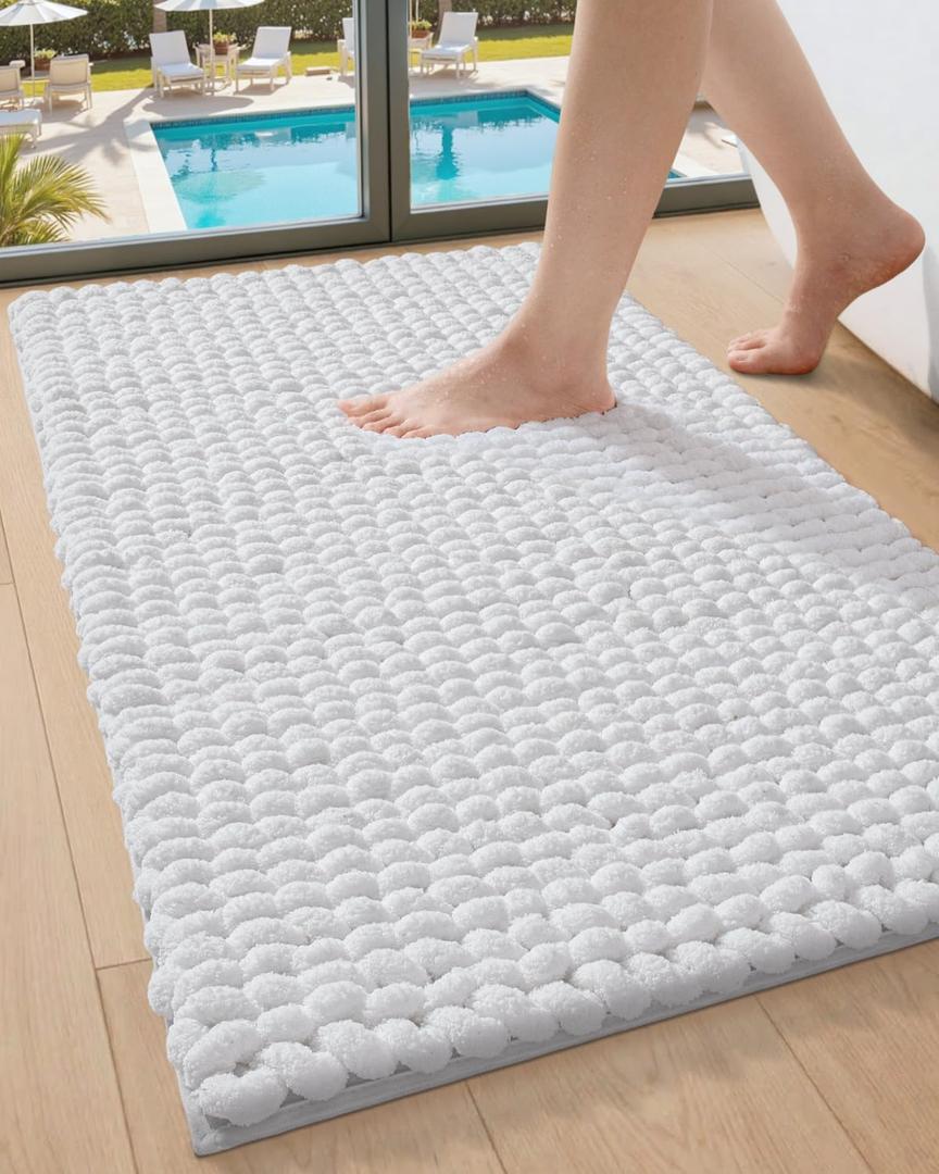 DEXI Bathroom Rugs 17x30, Non Slip Washable Bath Mat, Luxury Chenille Super Absorbent Ultra Thick Bathmats for Shower Floor, Plush Fluffy Shaggy Carpet for Tub, White