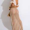 2 Piece Skirt Sets for Women Knit Crochet Color Block Crop Top Striped Maxi Skirts Hollow Out Vacation Outfits, XL