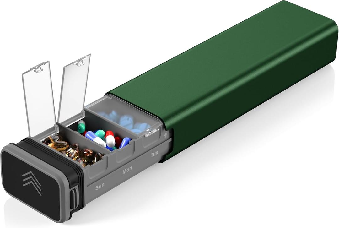 7 Day Weekly Metal Pill Organizer Travel, Kursoaya Premium Aluminum Daily Pill Box, Cute Portable Pill Case, Large Capacity Pill Holder for Supplements, Pills, Vitamins, Medicine (Hunter Green)