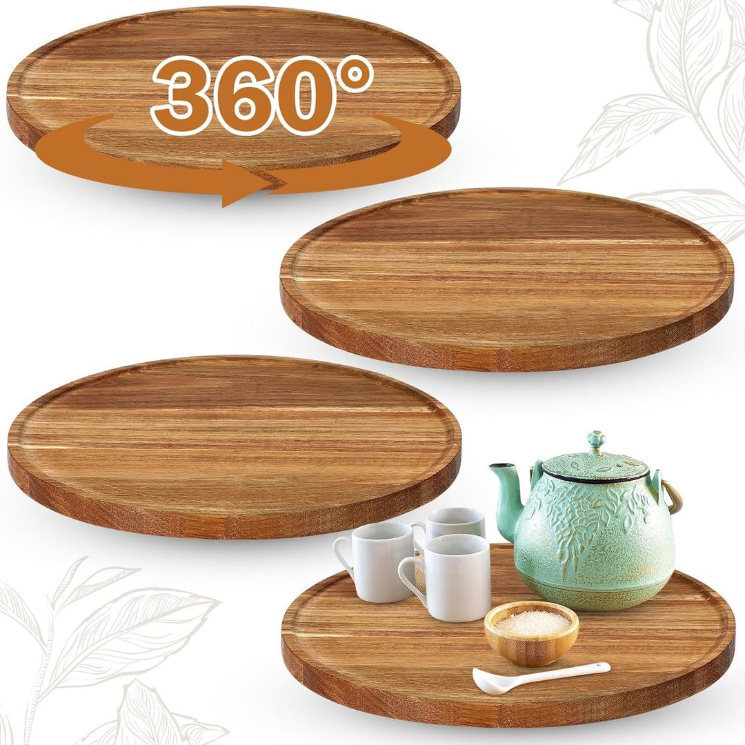  4 Pcs Acacia Wood Lazy Susan Organizers Lazy Susan Turntable for Cabinet Non Skid Kitchen Tray for Counter Pantry Spice Salt Pepper Olive Oil Table Organization and Storage (14 Inch)
