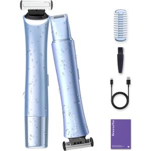 Bikini Trimmer for Women, 2-in-1 Painless Electric Razor with Dual Heads, IPX7 Waterproof Cordless Body & Facial Shaver for Pubic Hair, Underarms, Legs & Face, Wet & Dry (Blue)