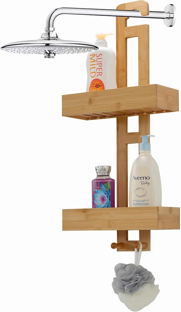 Basicwise Bamboo Shower Hanging Caddy 2-Tier Shelf Organizer with Hook for Shampoo Conditioner Body Wash Soap Loofah & Accessories Natural Wood Rack for Bathroom Storage Organization & Spa Décor
