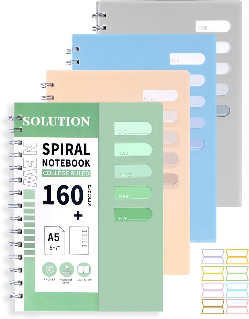 Yoment 4 Pack A5 Spiral Notebooks - 5.7x8.25 Hardcover Spiral Bound Notebook Journal, 160 Pages College Ruled, for Writing, Note Taking, Journaling, Study (Multicolor)