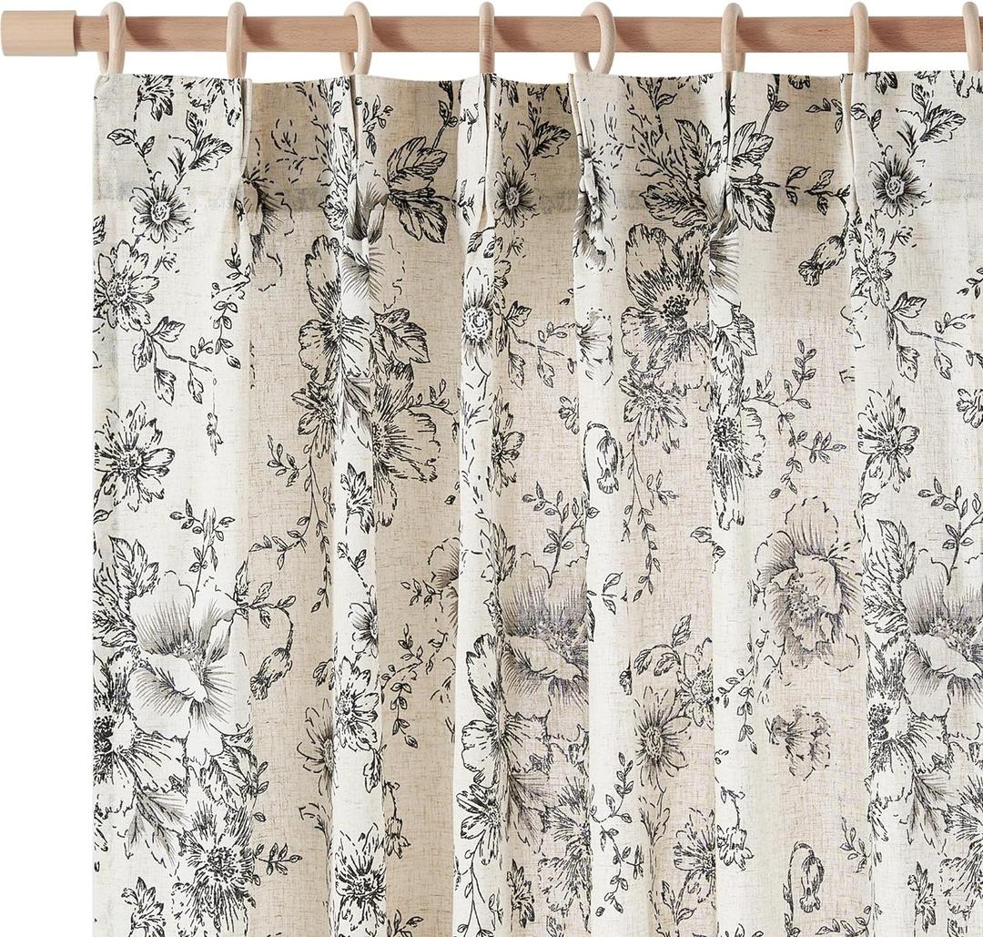 jinchan Pinch Pleated Curtains Floral Linen Blend Curtains for Living Room 96 Inches Length Black Peony Flower Printed Curtain Rod Pocket Back Tab Farmhouse Pinch Pleat Drapes with Hooks Set 2 Panels