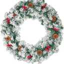 Christmas Wreaths for Front Door, 27 Inch Snow Flocked Christmas Wreaths, Christmas Wreath with Lights,Large Christmas Wreath, Prelit Christmas Decor with Pine Cones, Pine Needles,Red Berries