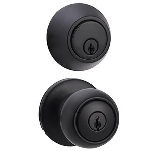 Amazon Basics Exterior Door Knob with Key Lock and Deadbolt, Keyed Alike, Coastal, Matte Black