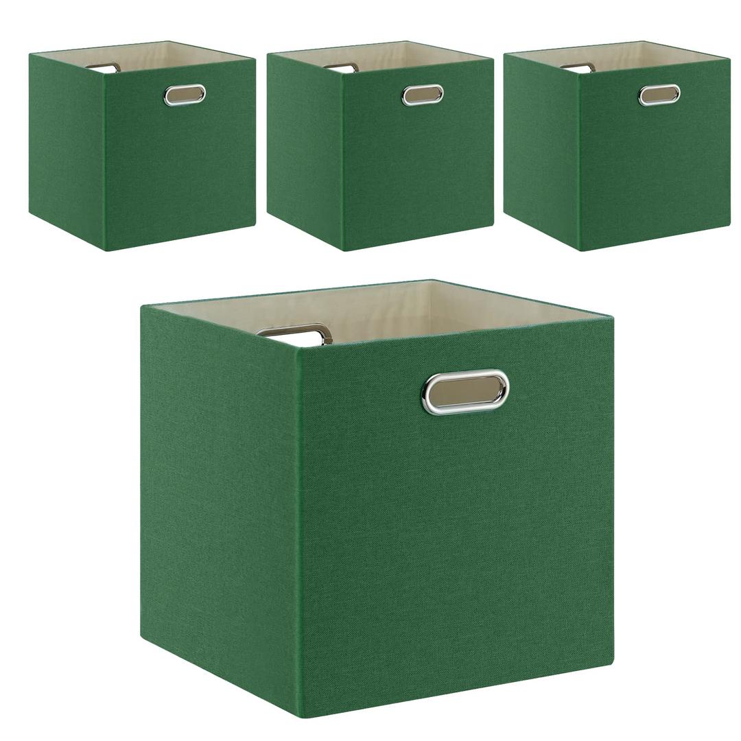 Cube Storage Bins 13×13 Linen Foldable Box with Handles, Collapsible Organization Basket Set of 4 Large Capacity Drawer for Closet Shelf Cabinet Bookcase Bedroom, Grass Green