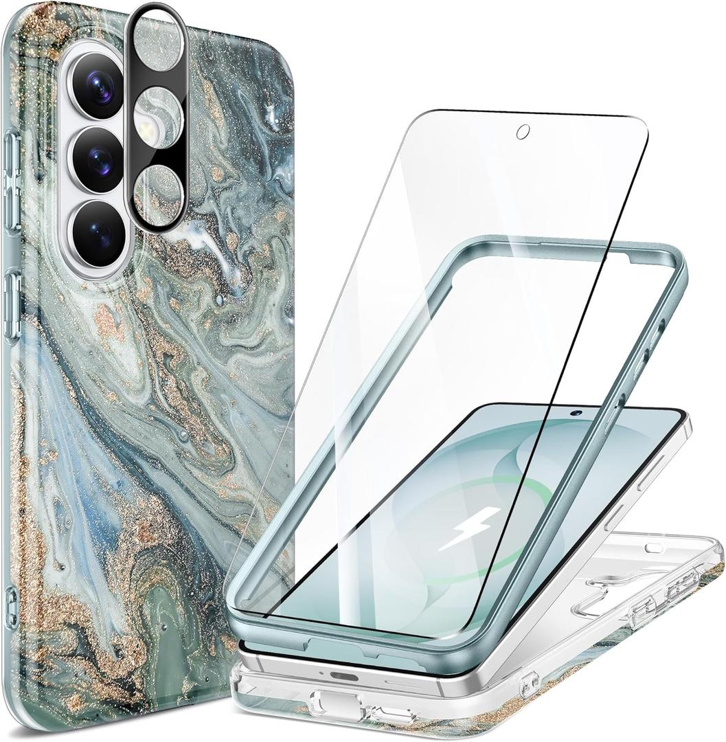 GVIEWIN for Samsung Galaxy S26 Case, [Compatible with MagSafe] [Screen & Camera Lens Cover], Marble Slim Shockproof Military-Grade Protection Women Phone Case for S26 6.3" (Ocean Tide/Green)
