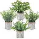 Mkono 4 Packs Small Fake Plants in Farmhouse Galvanized Pots Table Centerpiece Mini Potted Artificial Plants Faux Eucalyptus for Shelf Office Rustic Home Decor (Grey)