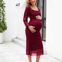 AISWI Mesh Ruched Maternity Dress Baby Shower Wedding Guest Pregnancy Shoot Fall Long Short Sleeves Square Neck (Red, XL)