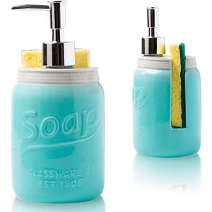 Comfify Mason Jar Kitchen Soap Dispenser & Sponge Holder - Sink Organizer - 14oz Kitchen Counter Liquid Soap Dispenser with Stainless Steel Pump, Blue Ceramic Soap Holder w/Free Sponge