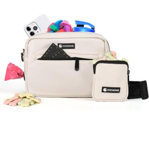 COOWONE Dog Treat Pouch with Removable Small Pet Training Treat Pouches, Built-in Poop Bag Dispenser, Adjustable Shoulder Strap Cross Body Dog Walking Bag (Beige)